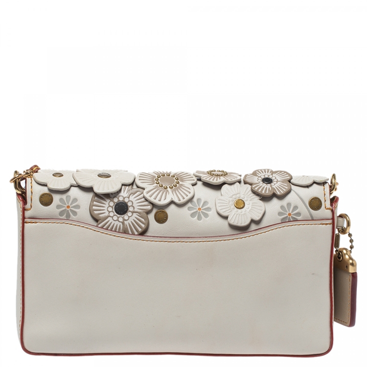 Pre Owned Coach Ivory Tea Rose Applique Leather Dinky Chain Shoulder Bag