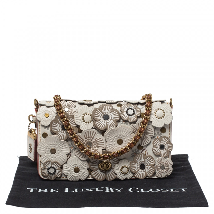 Pre Owned Coach Ivory Tea Rose Applique Leather Dinky Chain Shoulder Bag