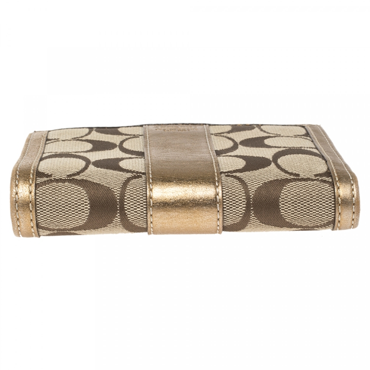 Pre Owned Coach Beige/Gold Signature Canvas and Leather Compact Wallet