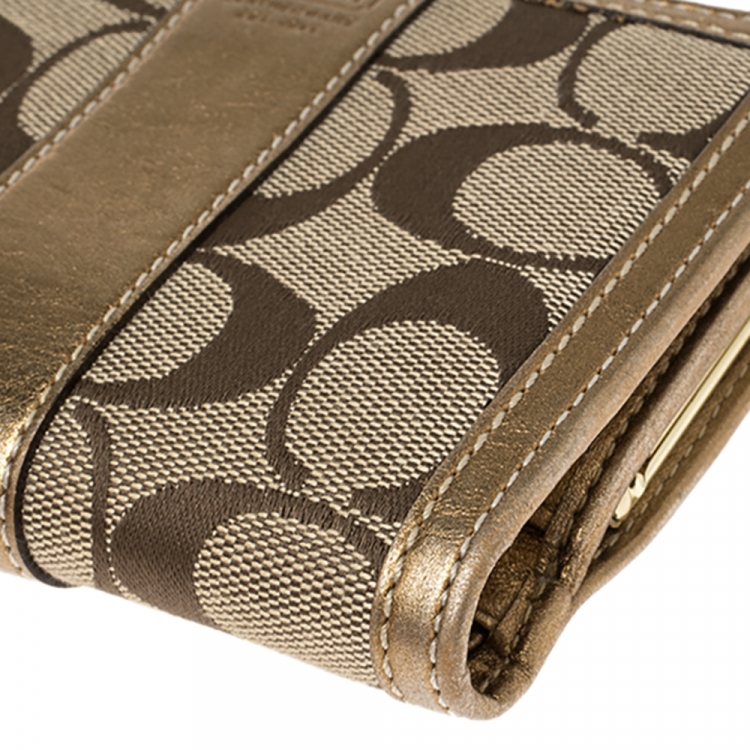 Pre Owned Coach Beige/Gold Signature Canvas and Leather Compact Wallet
