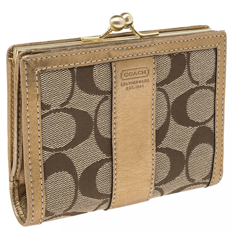 Pre Owned Coach Beige/Gold Signature Canvas and Leather Compact Wallet