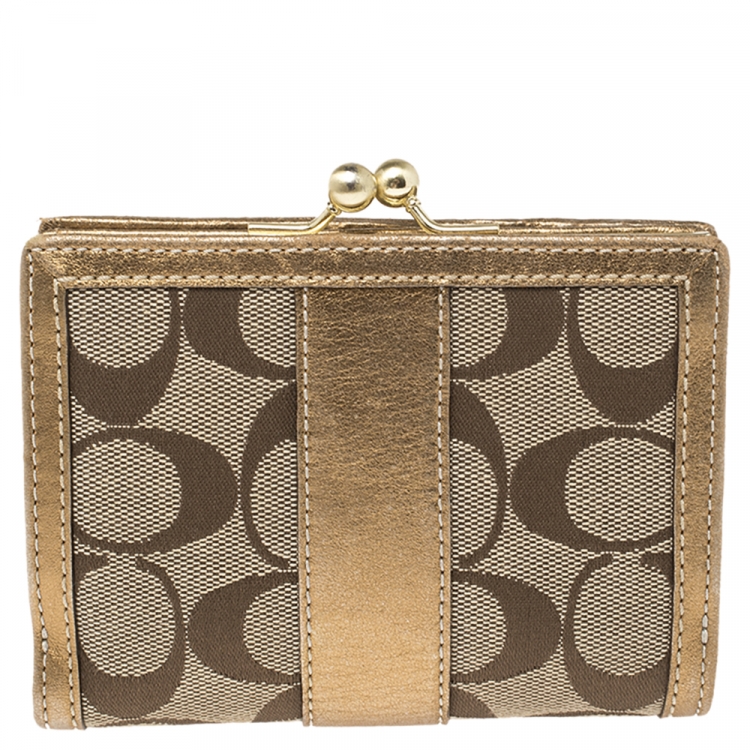 Pre Owned Coach Beige/Gold Signature Canvas and Leather Compact Wallet