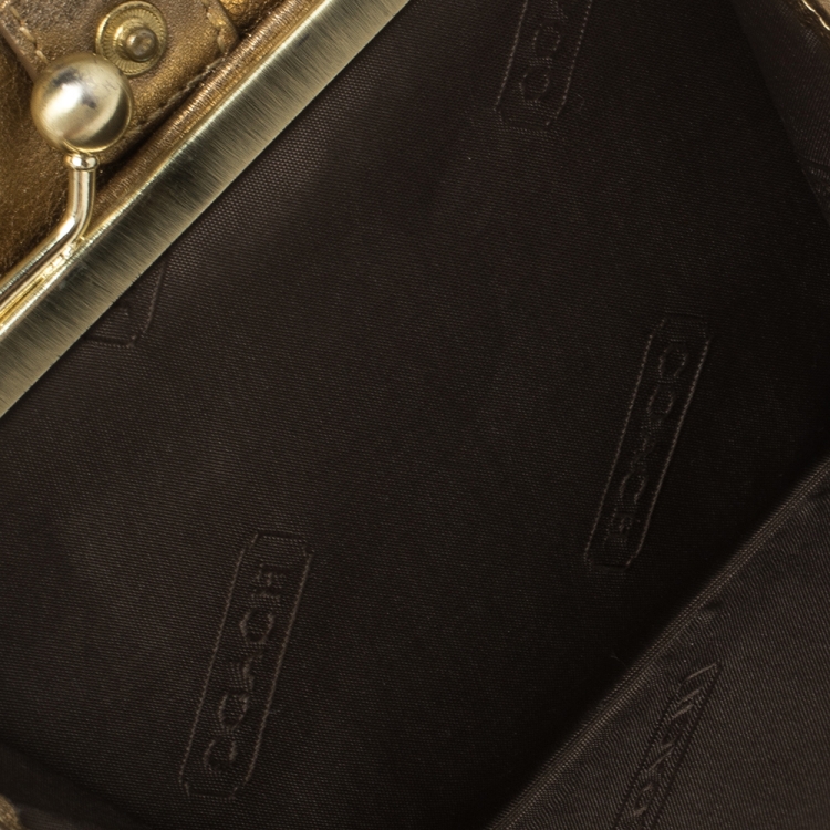 Pre Owned Coach Beige/Gold Signature Canvas and Leather Compact Wallet