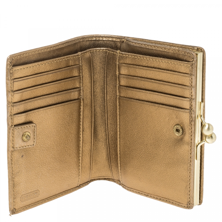 Pre Owned Coach Beige/Gold Signature Canvas and Leather Compact Wallet