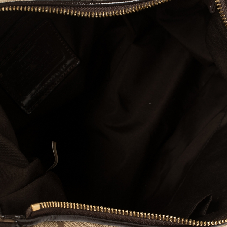 Pre Owned Coach Beige/Brown Signature Canvas and Patent Leather Stripe Convertible Hobo 