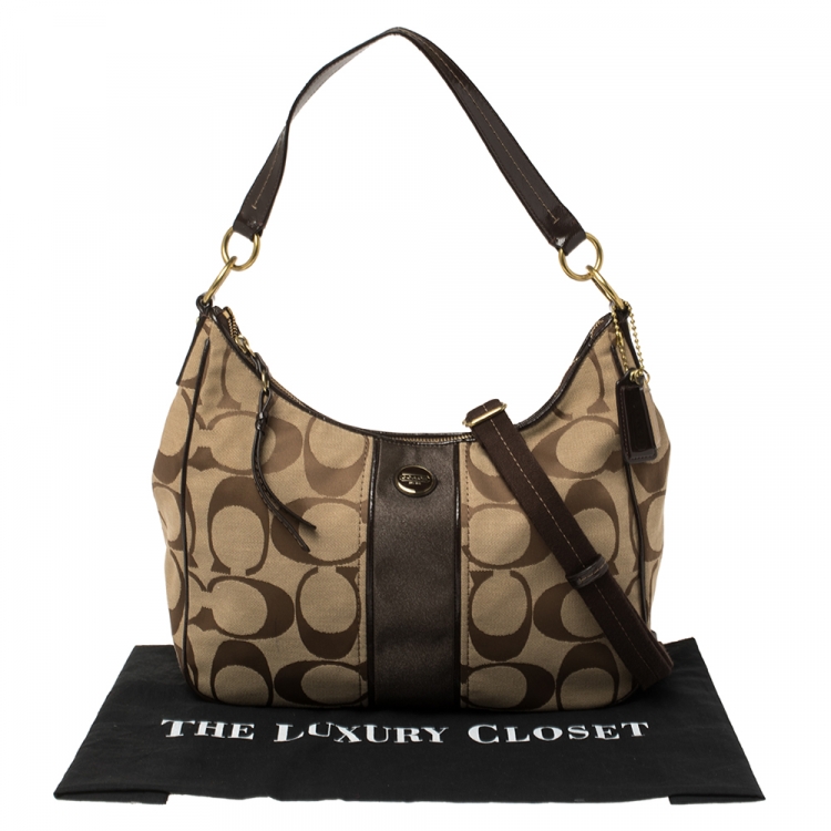 Pre Owned Coach Beige/Brown Signature Canvas and Patent Leather Stripe Convertible Hobo 