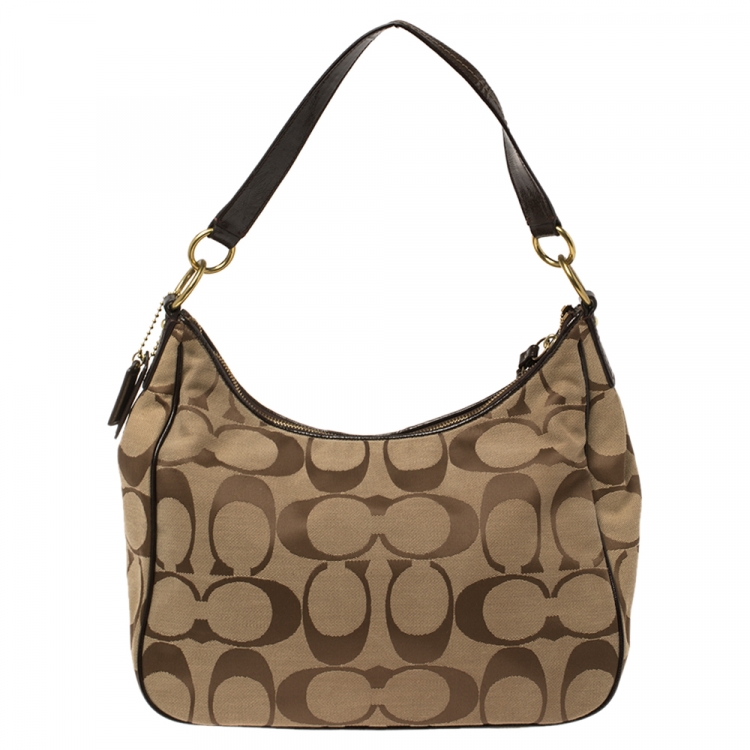 Pre Owned Coach Beige/Brown Signature Canvas and Patent Leather Stripe Convertible Hobo 