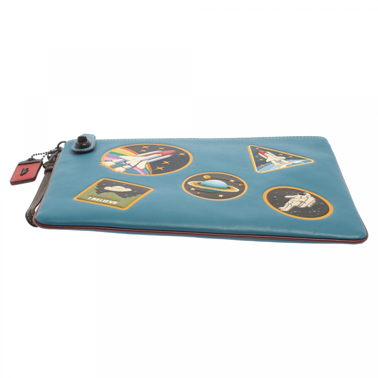 Pre Owned Coach Blue Leather Nasa Space Collection Wrislet Pouch