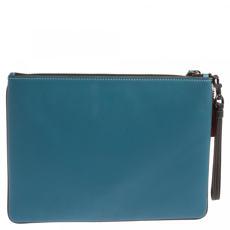 Pre Owned Coach Blue Leather Nasa Space Collection Wrislet Pouch