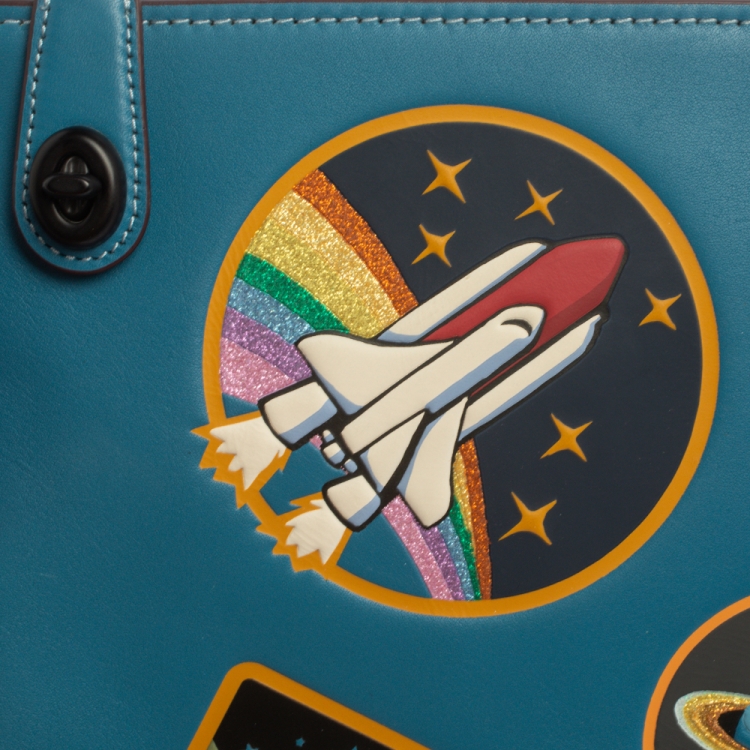 Pre Owned Coach Blue Leather Nasa Space Collection Wrislet Pouch