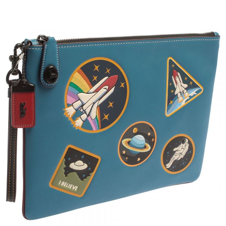 Pre Owned Coach Blue Leather Nasa Space Collection Wrislet Pouch