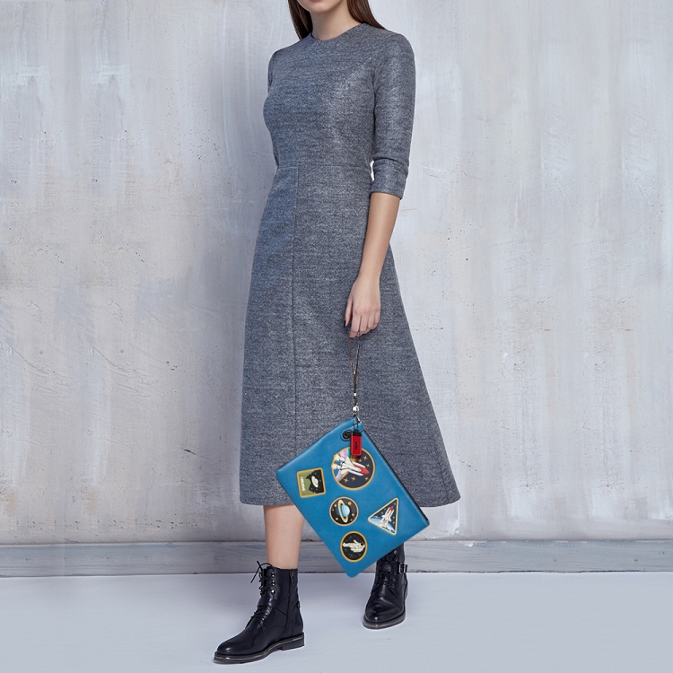 Pre Owned Coach Blue Leather Nasa Space Collection Wrislet Pouch