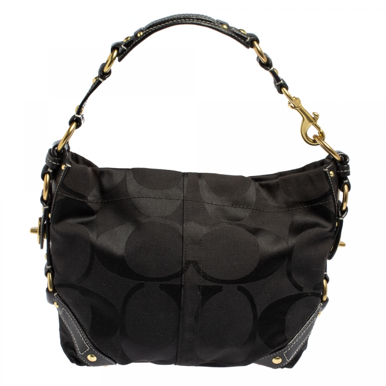Pre Owned Coach Black Signature Canvas and Leather Carly Hobo