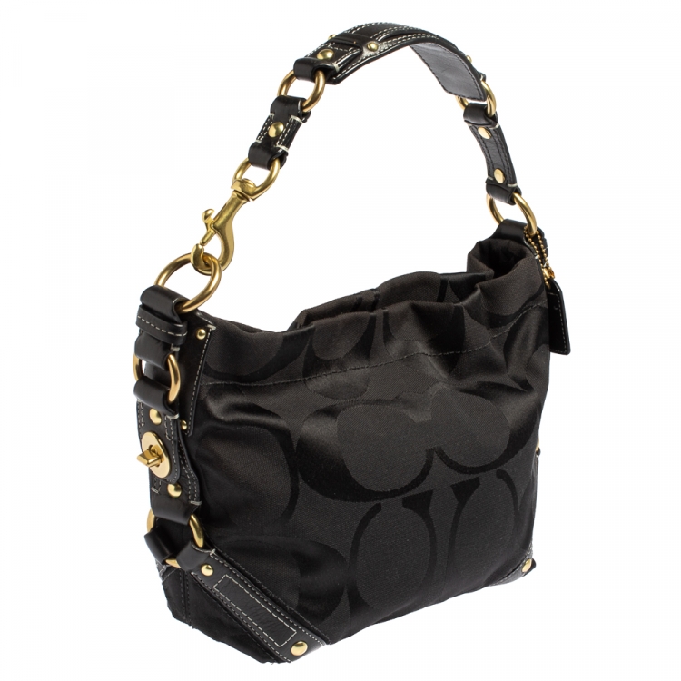 Pre Owned Coach Black Signature Canvas and Leather Carly Hobo