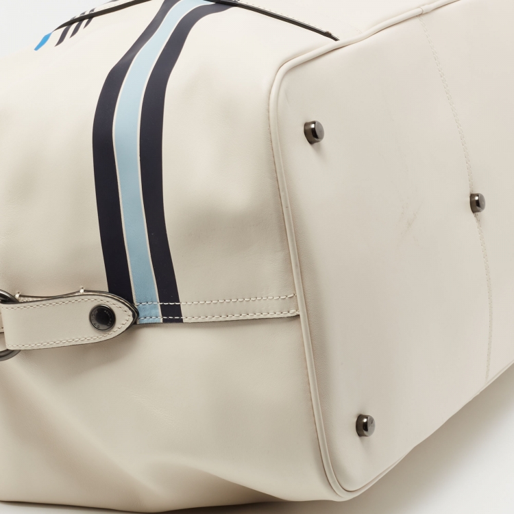 Pre Owned Coach White/Blue Leather Vintage Coach Motif Duffle Bag