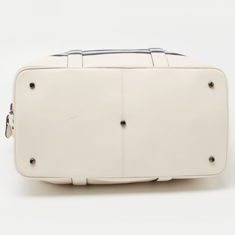 Pre Owned Coach White/Blue Leather Vintage Coach Motif Duffle Bag