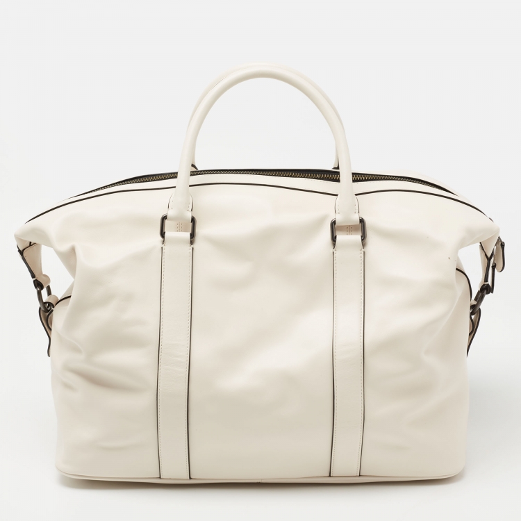 Pre Owned Coach White/Blue Leather Vintage Coach Motif Duffle Bag