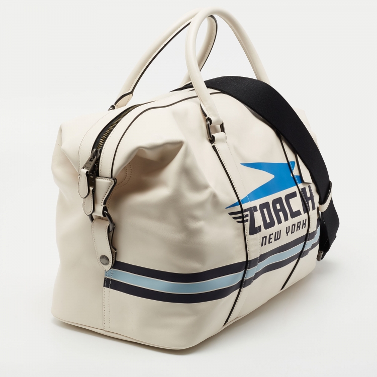 Pre Owned Coach White/Blue Leather Vintage Coach Motif Duffle Bag