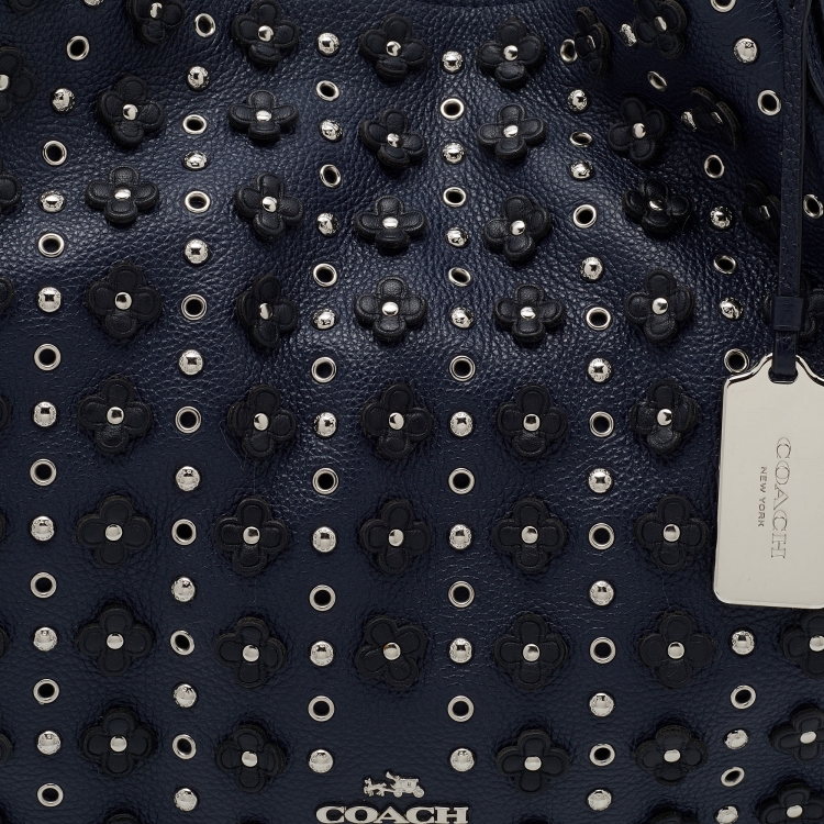 Pre Owned Coach Blue Pebbled Floral Rivets Leather Edie 31 Shoulder Bag