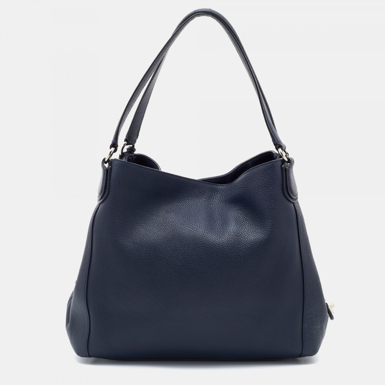 Pre Owned Coach Blue Pebbled Floral Rivets Leather Edie 31 Shoulder Bag