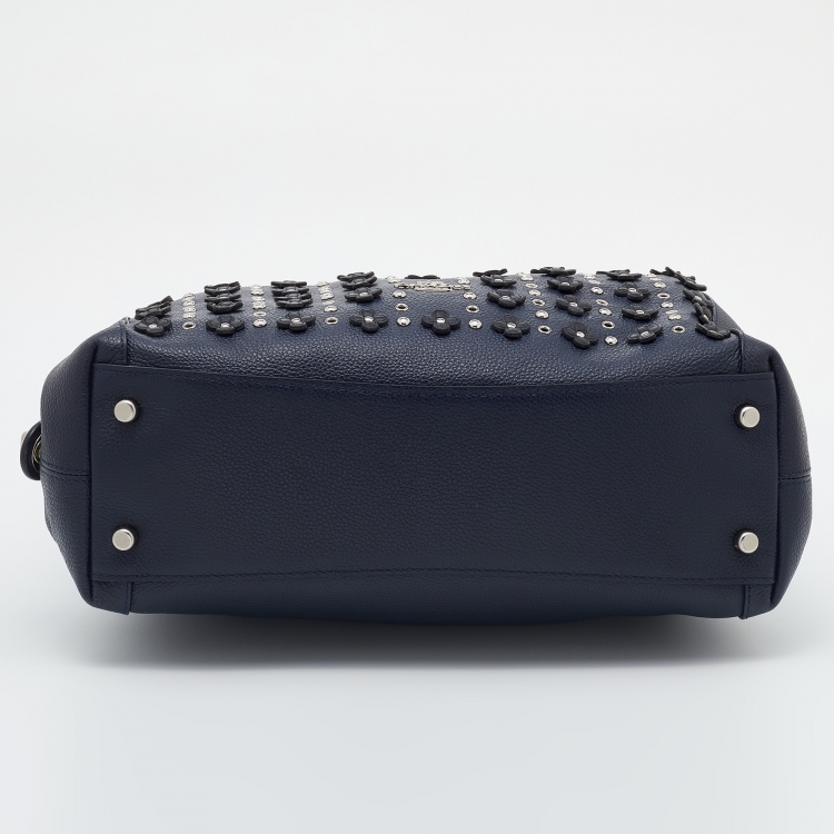 Pre Owned Coach Blue Pebbled Floral Rivets Leather Edie 31 Shoulder Bag