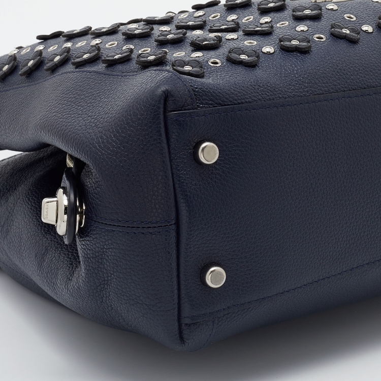 Pre Owned Coach Blue Pebbled Floral Rivets Leather Edie 31 Shoulder Bag