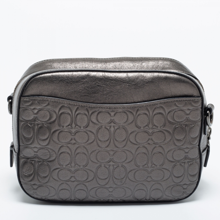 Pre Owned Coach Metallic Silver Signature Embossed Leather Camera Crossbody Bag