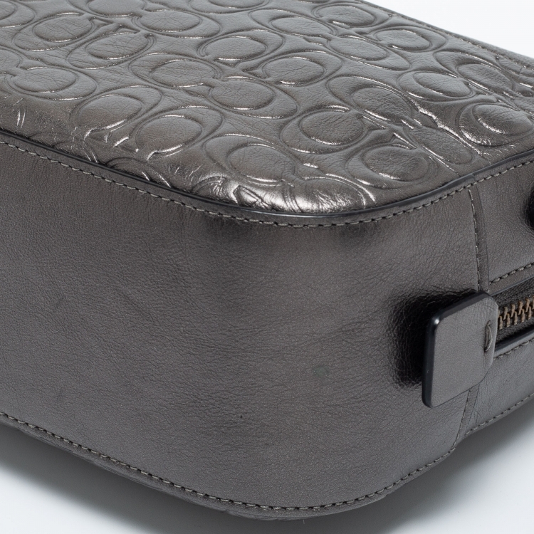 Pre Owned Coach Metallic Silver Signature Embossed Leather Camera Crossbody Bag