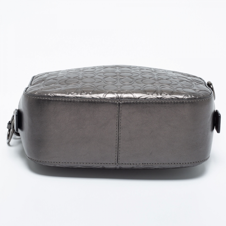 Pre Owned Coach Metallic Silver Signature Embossed Leather Camera Crossbody Bag