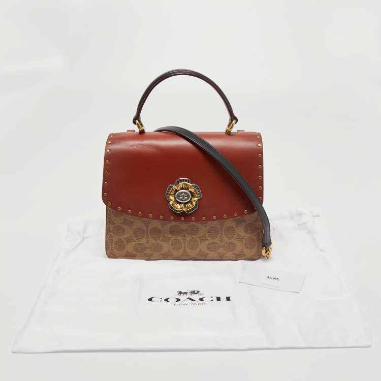 Pre Owned Coach Brown/Beige Signature Coated Canvas And Leather Parker Top Handle Bag