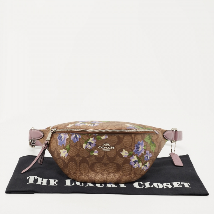 Pre Owned Coach Purple/Beige Signature Coated Canvas and Leather Lily Print Belt Bag
