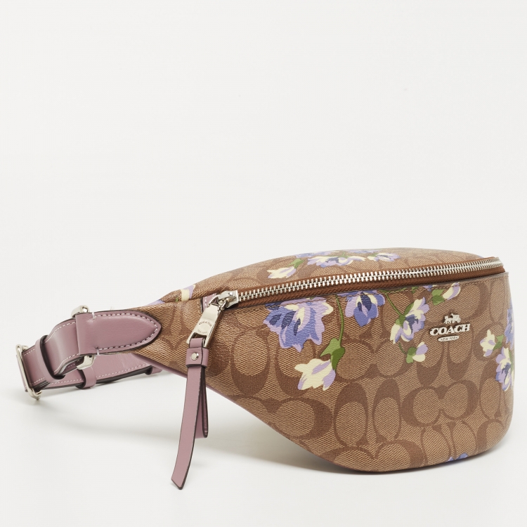 Pre Owned Coach Purple/Beige Signature Coated Canvas and Leather Lily Print Belt Bag