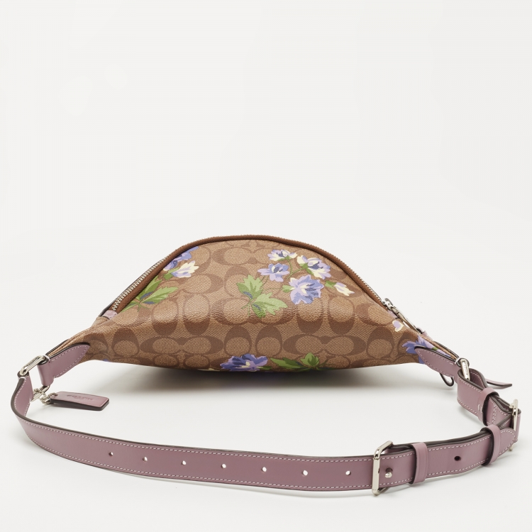 Pre Owned Coach Purple/Beige Signature Coated Canvas and Leather Lily Print Belt Bag