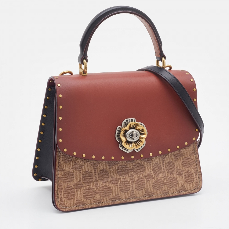Pre Owned Coach Beige/Brown Signature Coated Canvas and Leather Parker Top Handle Bag