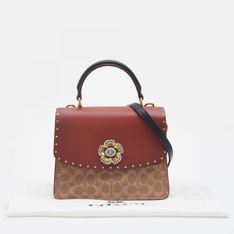 Pre Owned Coach Beige/Brown Signature Coated Canvas and Leather Parker Top Handle Bag