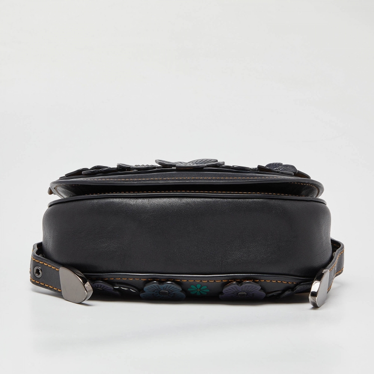 Pre Owned Coach Black/Blue Leather Floral Applique Saddle Crossbody Bag