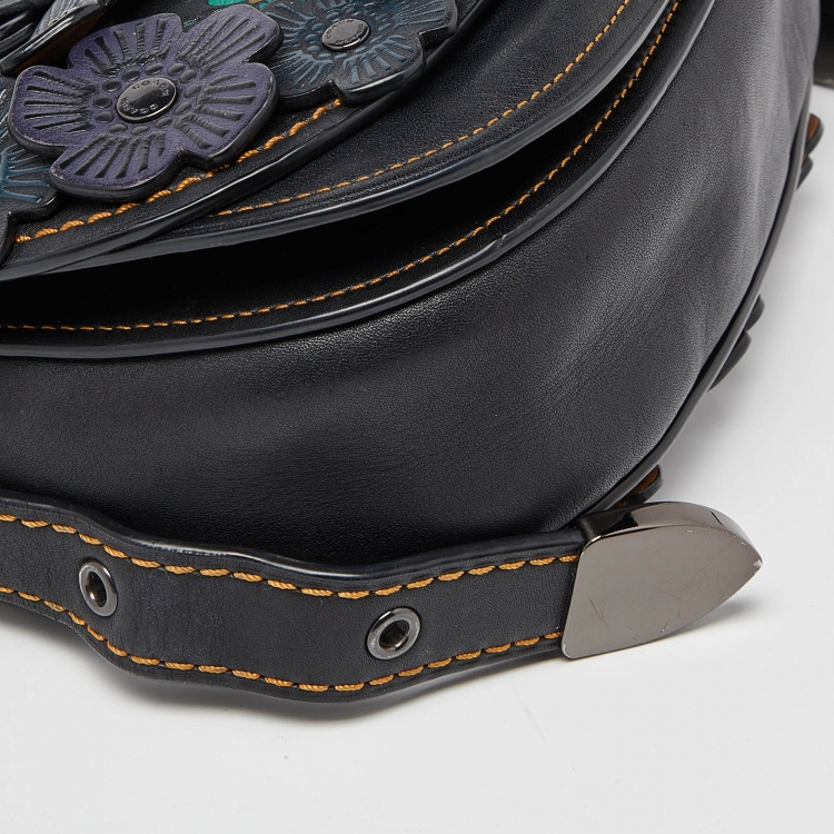 Pre Owned Coach Black/Blue Leather Floral Applique Saddle Crossbody Bag