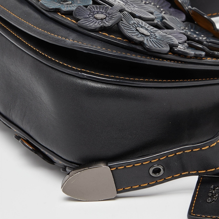 Pre Owned Coach Black/Blue Leather Floral Applique Saddle Crossbody Bag