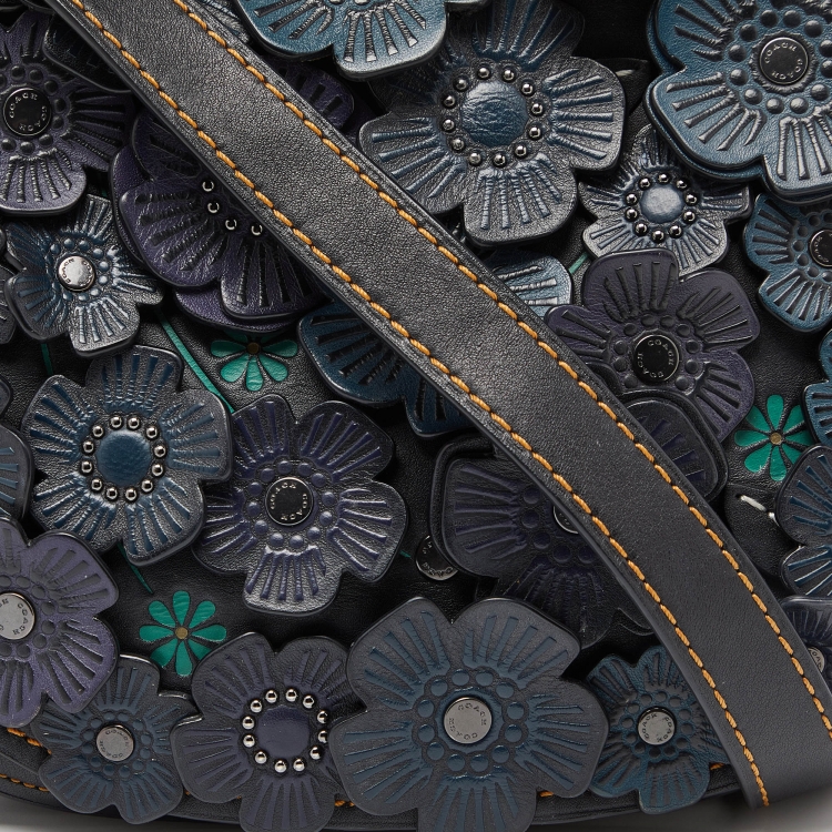 Pre Owned Coach Black/Blue Leather Floral Applique Saddle Crossbody Bag