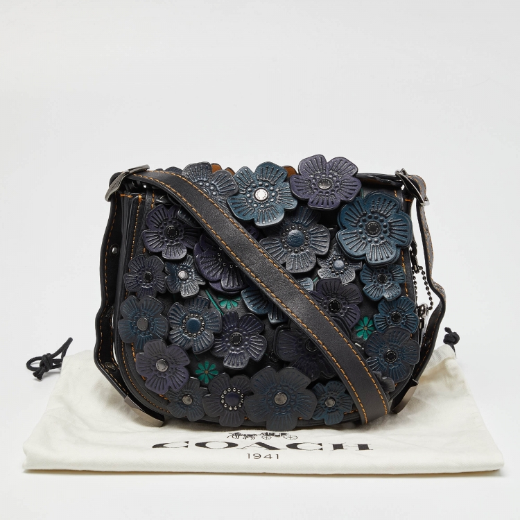 Pre Owned Coach Black/Blue Leather Floral Applique Saddle Crossbody Bag