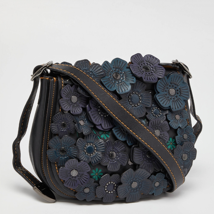 Pre Owned Coach Black/Blue Leather Floral Applique Saddle Crossbody Bag
