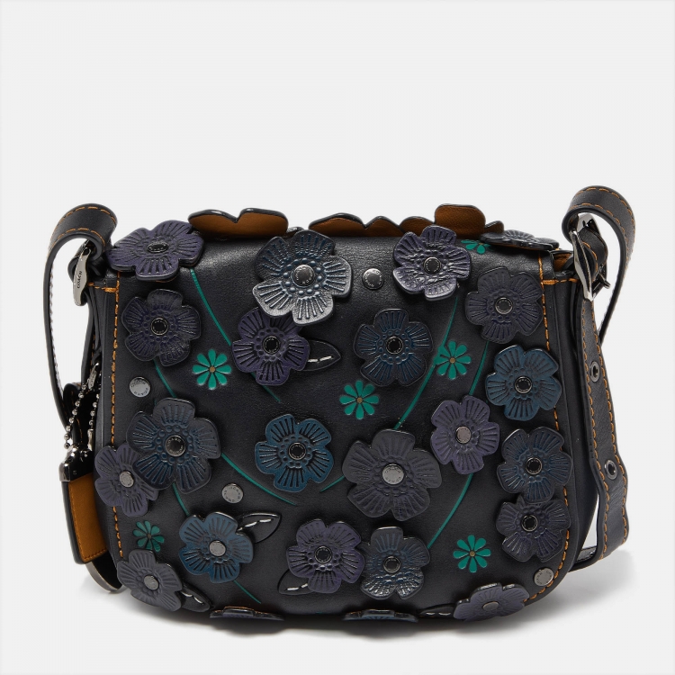 Pre Owned Coach Black/Blue Leather Floral Applique Saddle Crossbody Bag