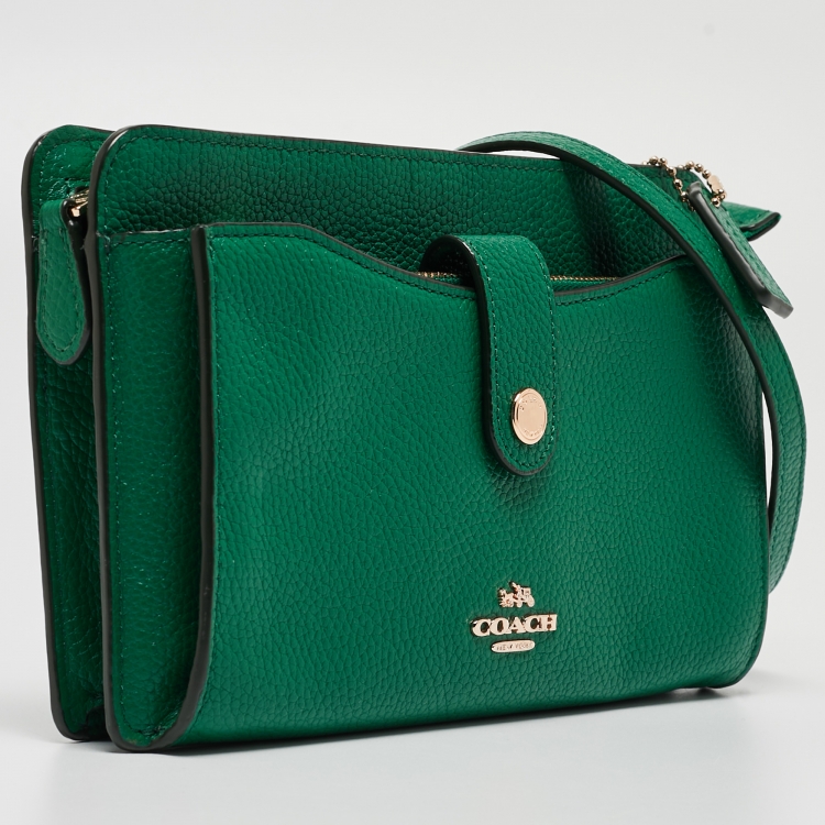Pre Owned Coach Green Leather Noa Pop Up Wallet on Chain