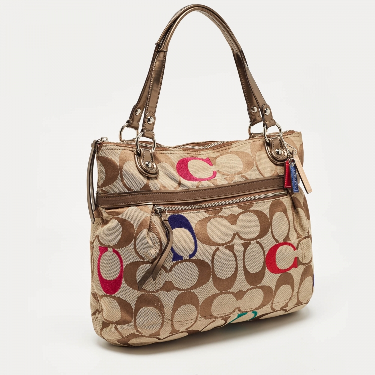 Pre Owned Coach Bronze/Beige Signature Canvas and Patent Leather Poppy Tote