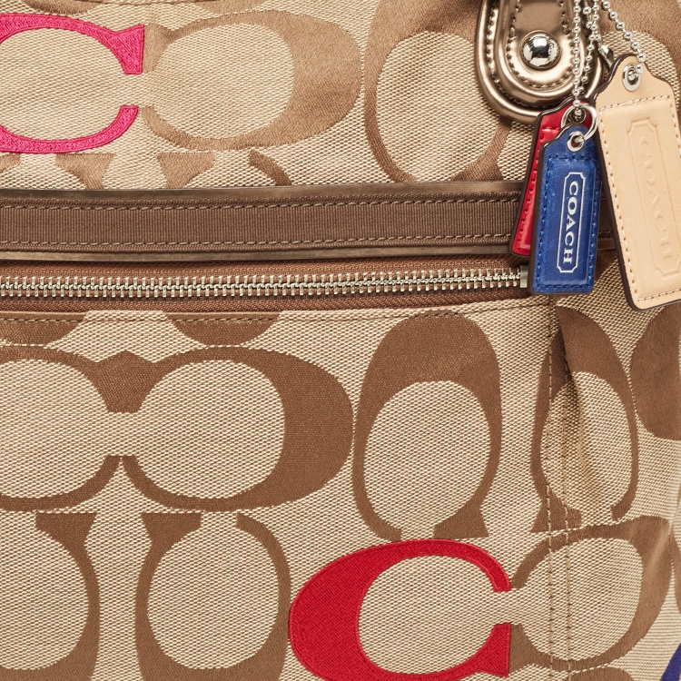 Pre Owned Coach Bronze/Beige Signature Canvas and Patent Leather Poppy Tote