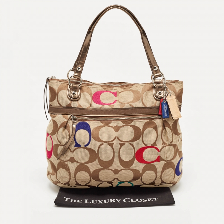 Pre Owned Coach Bronze/Beige Signature Canvas and Patent Leather Poppy Tote