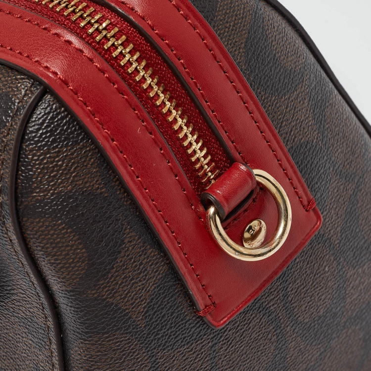 Pre Owned Coach Red/Brown Signature Coated Canvas and Leather Rowan Boston Bag