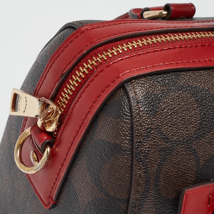 Pre Owned Coach Red/Brown Signature Coated Canvas and Leather Rowan Boston Bag