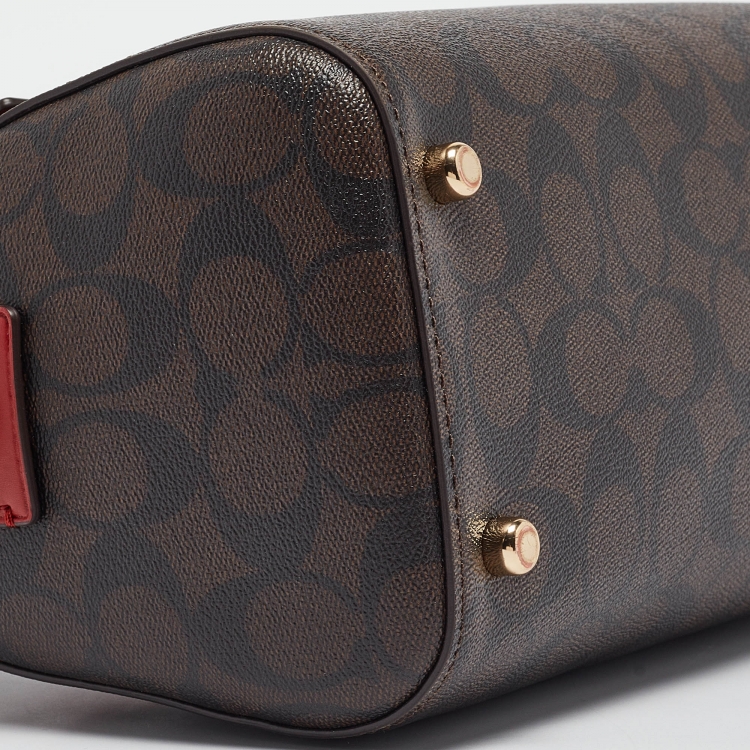 Pre Owned Coach Red/Brown Signature Coated Canvas and Leather Rowan Boston Bag