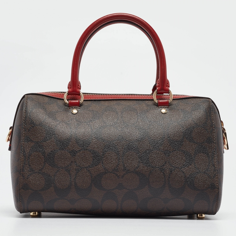 Pre Owned Coach Red/Brown Signature Coated Canvas and Leather Rowan Boston Bag